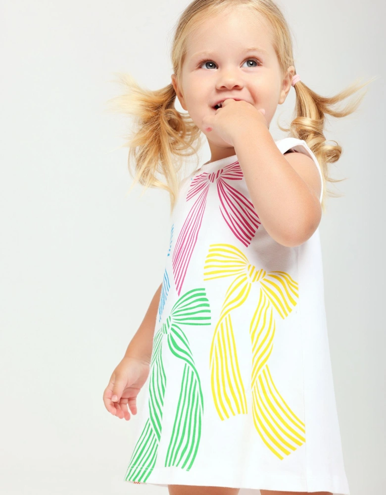 Girls White Multicoloured Jersey Bow Dress