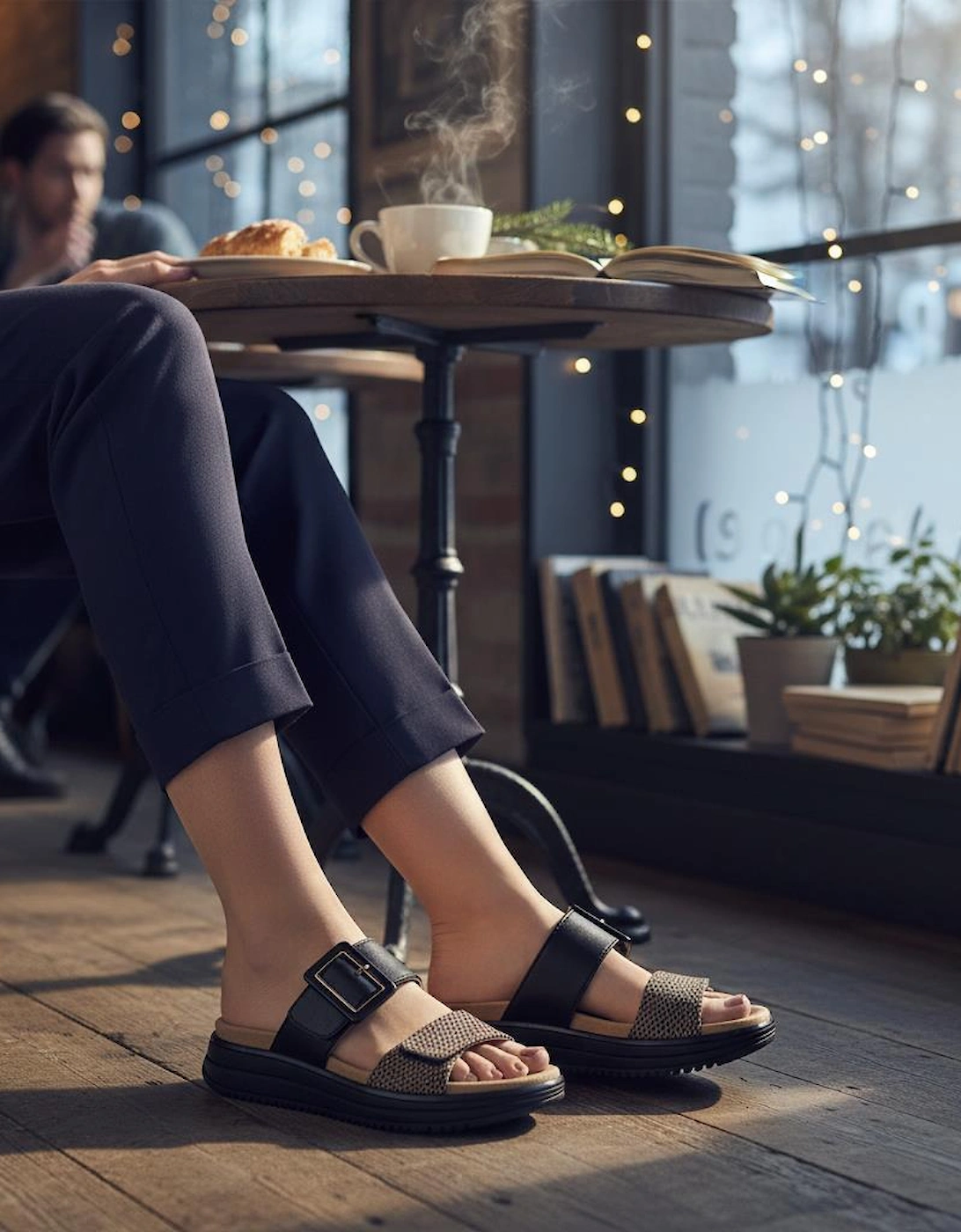 D1J61 Womens Cross Strap Sandals Black/Brown