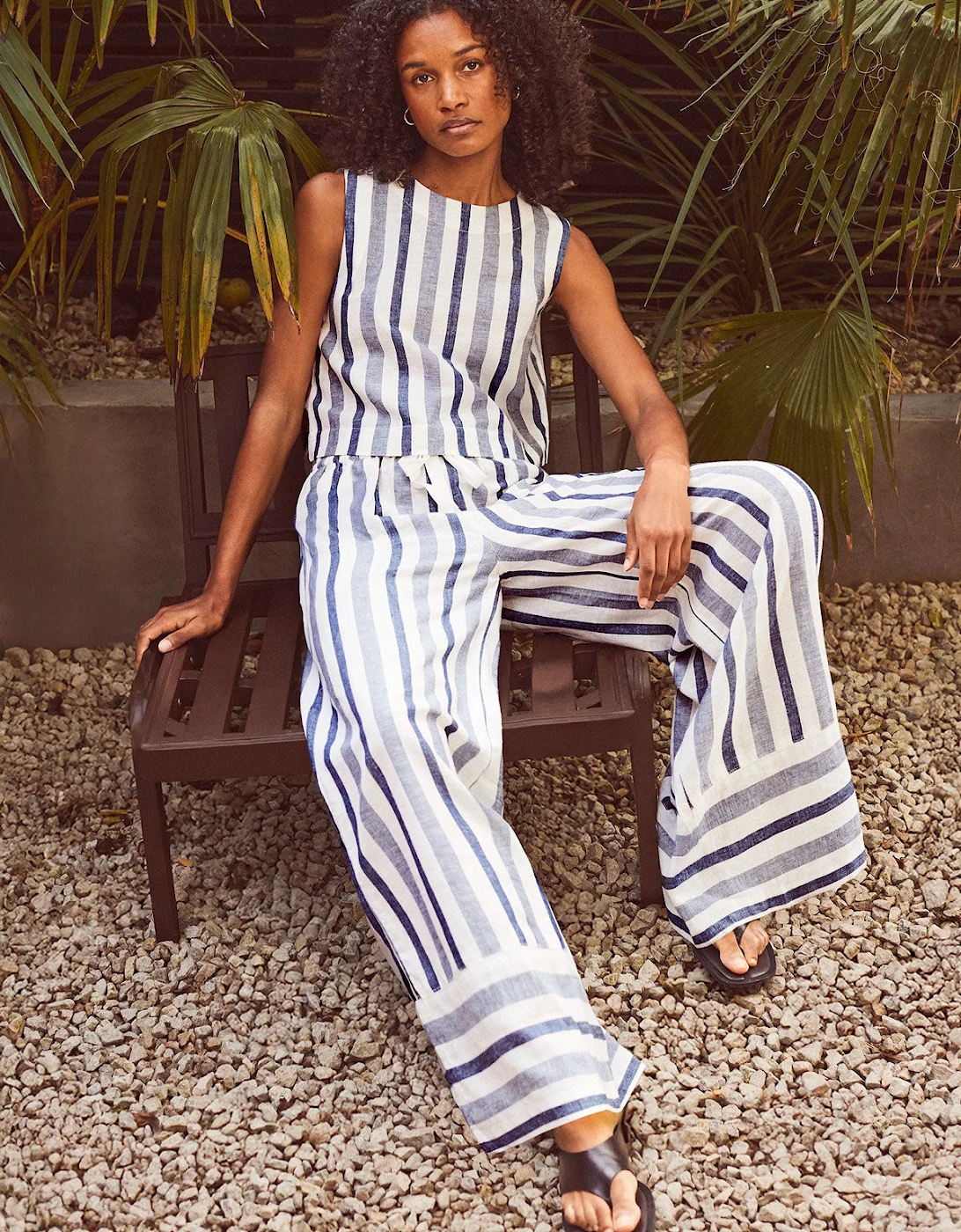 Petite Blue Stripe Linen Blend Trousers