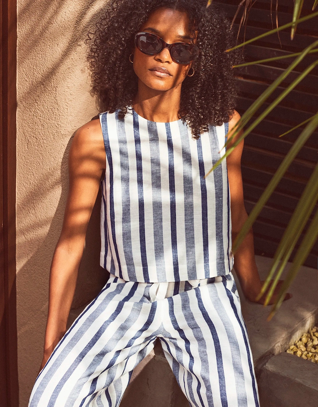 Blue Stripe Linen Blend Shell Top