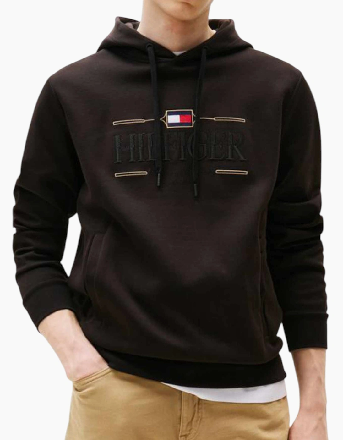 Tommy Hilfiger Men's Tommy Hilfiger Mens Hoodies Tonal Logo Embroidery Casual Cotton Long Sleeve Top - Black