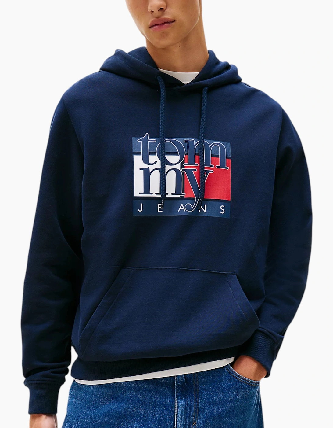 Tommy Hilfiger Men's Navy Tommy Jeans Red Flag Hoodies Cotton Pullover New Top - Size: 38
