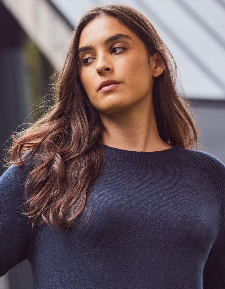 Navy Wool-Blend Longline Crew Neck Knit Jumper