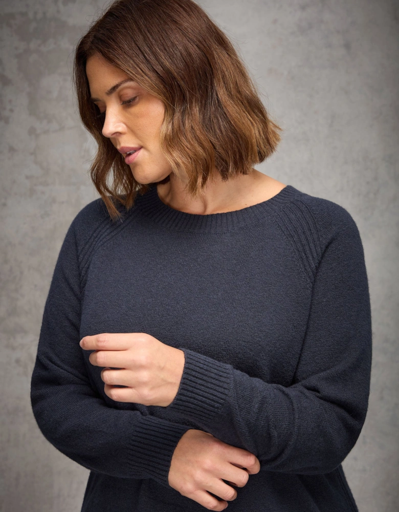 Navy Wool-Blend Longline Crew Neck Knit Jumper