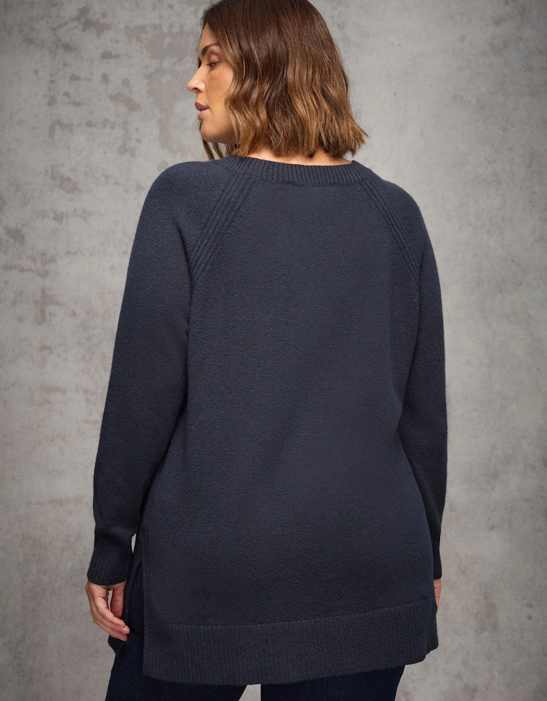 Navy Wool-Blend Longline Crew Neck Knit Jumper