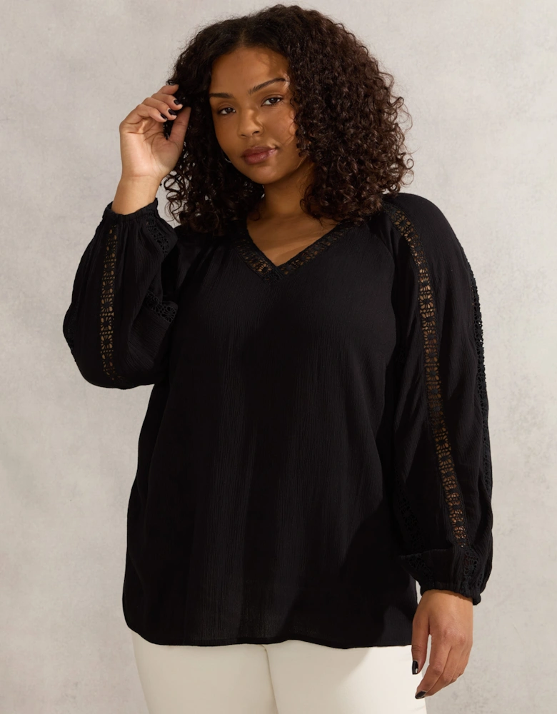 Black Crinkle Crochet Insert Blouse