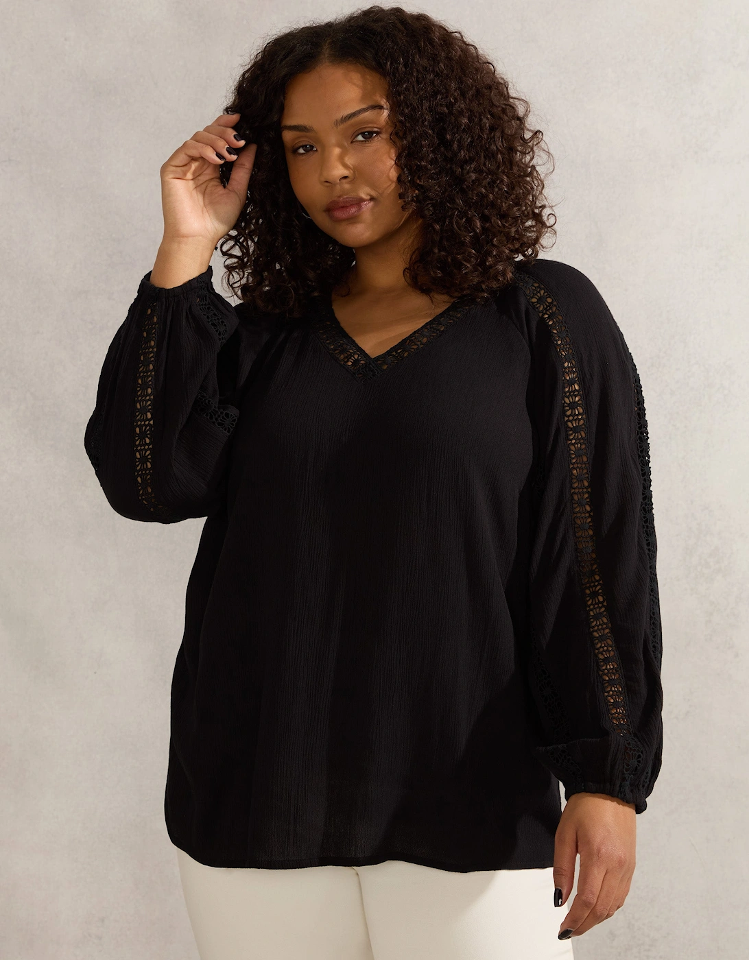 Black Crinkle Crochet Insert Blouse, 4 of 3