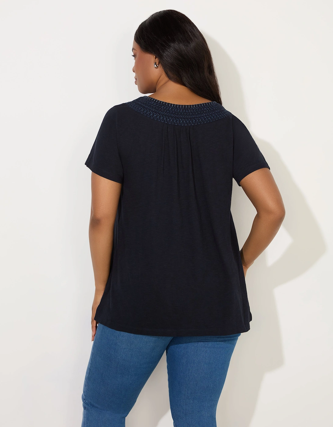 Navy Embroidered Shirred Neck Top