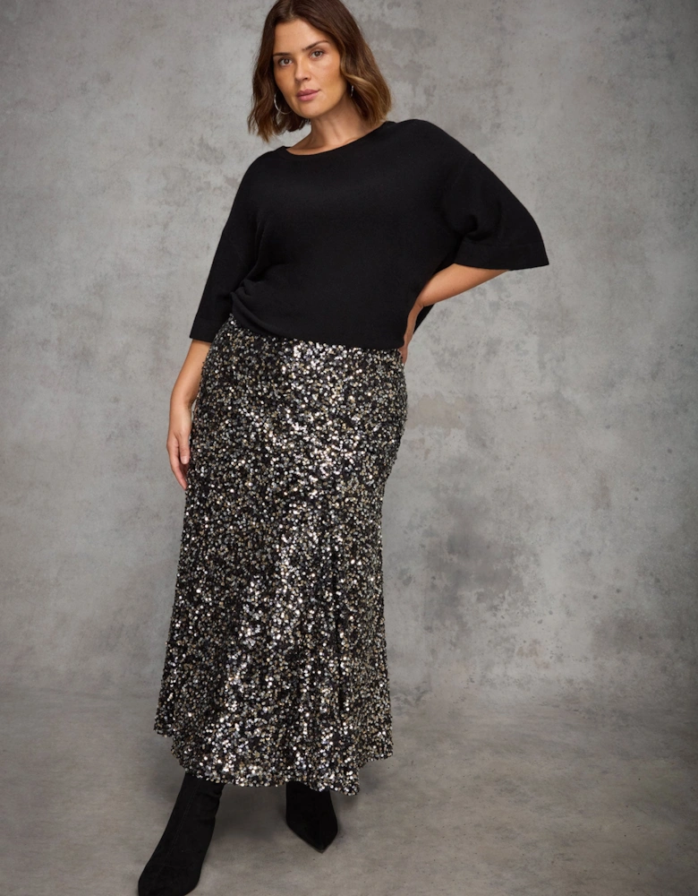 Black Sequin Flared Midaxi Skirt