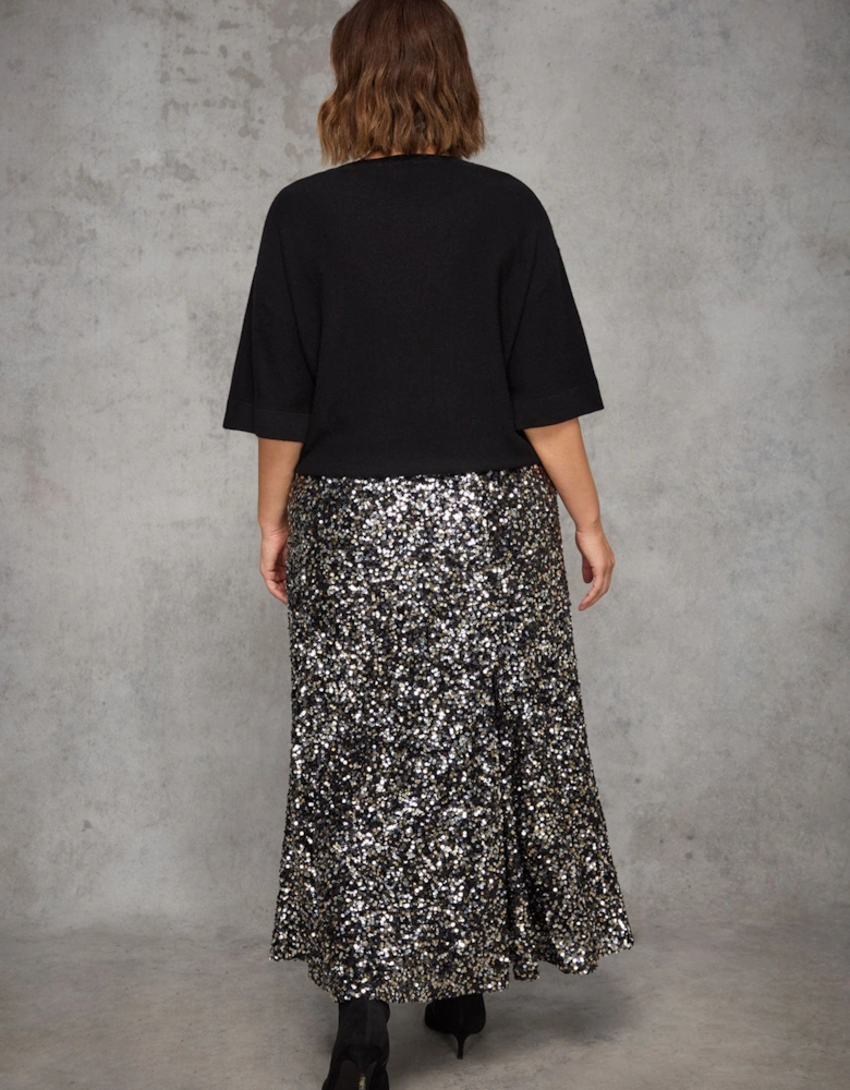 Black Sequin Flared Midaxi Skirt