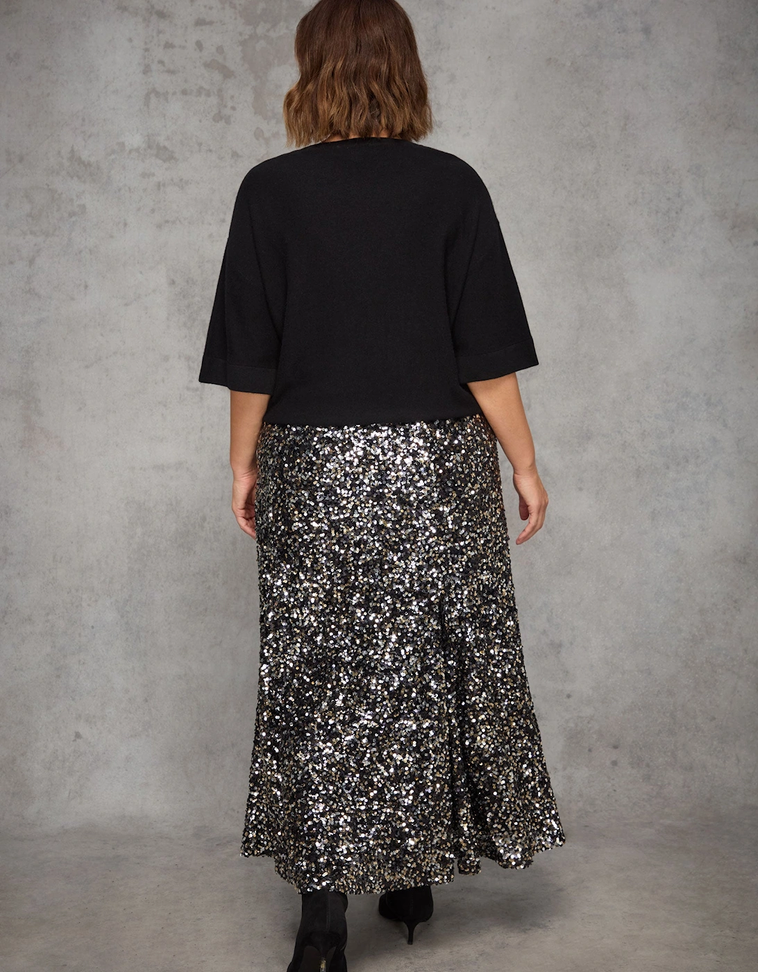 Black Sequin Flared Midaxi Skirt