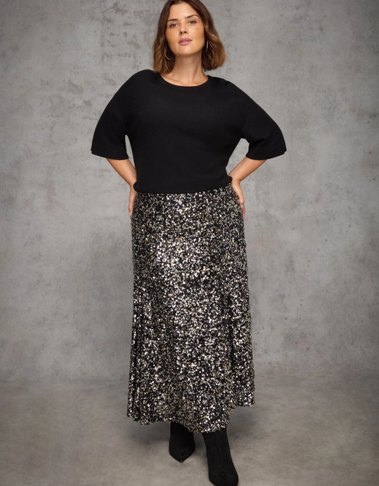 Black Sequin Flared Midaxi Skirt