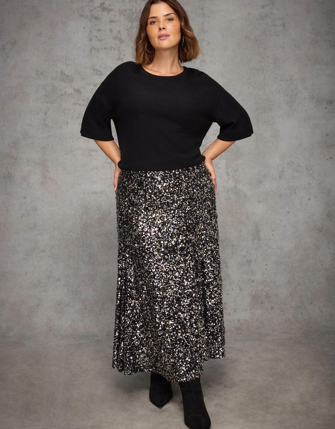 Black Sequin Flared Midaxi Skirt