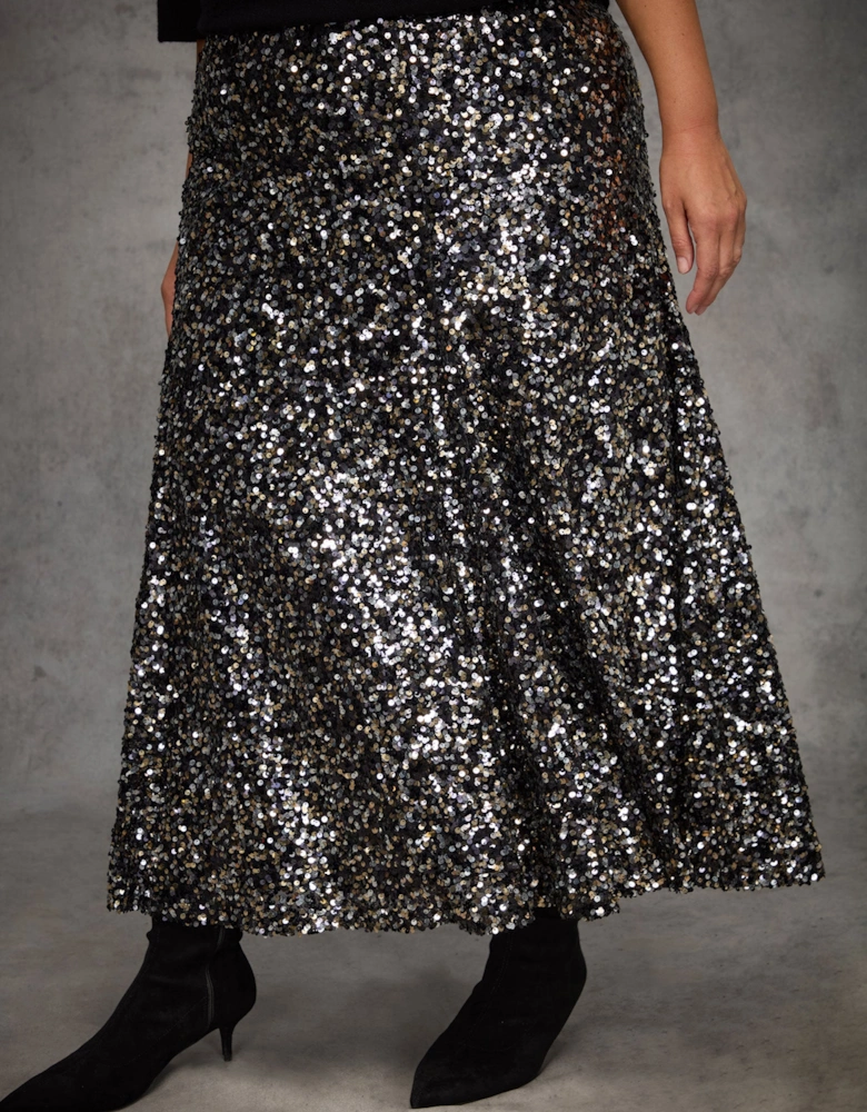 Black Sequin Flared Midaxi Skirt