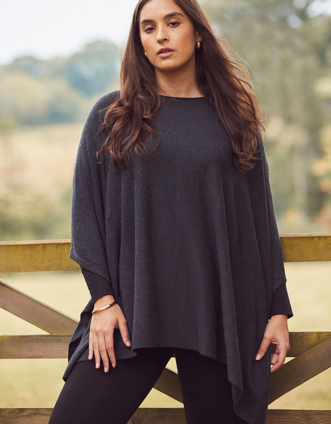 Grey Cashmere-Blend Knit Poncho