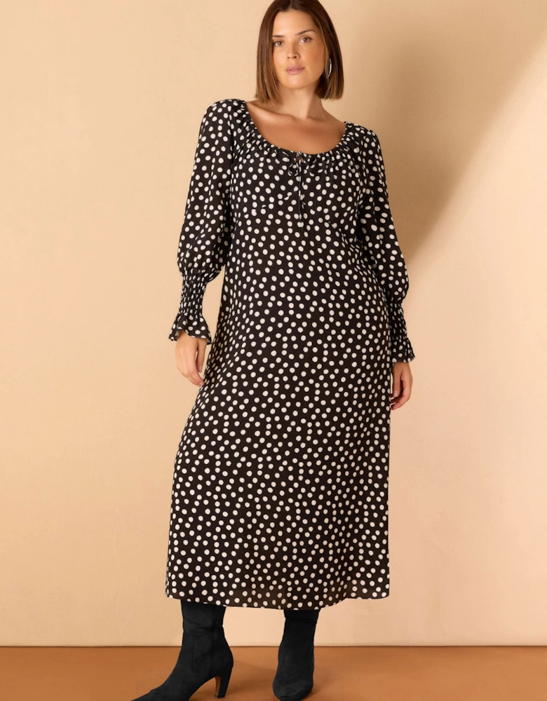 Black Spot Scoop Neck Shirred Sleeve Dress