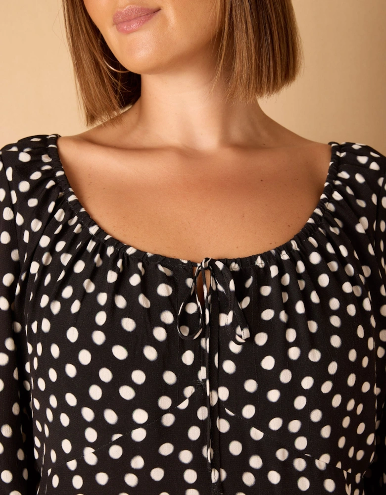 Black Spot Scoop Neck Shirred Sleeve Dress