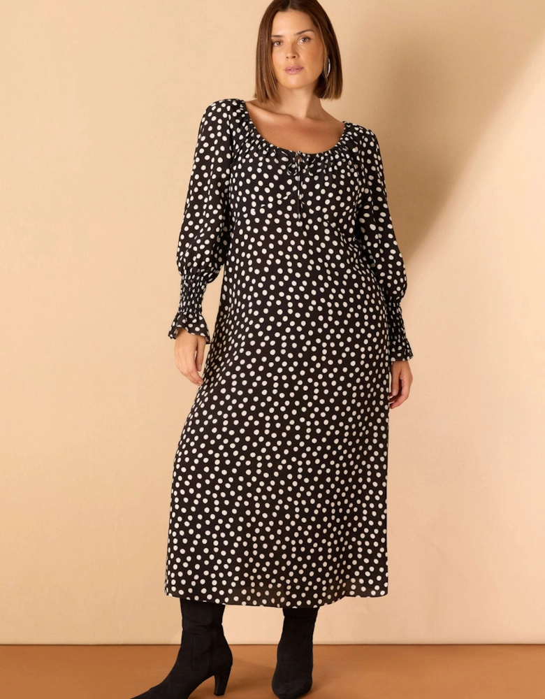 Black Spot Scoop Neck Shirred Sleeve Dress