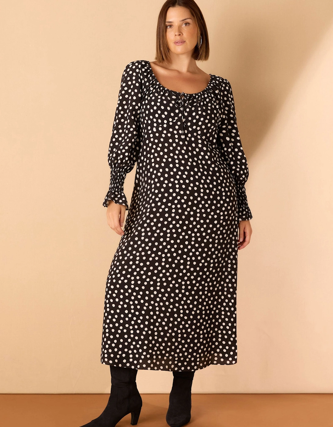 Black Spot Scoop Neck Shirred Sleeve Dress
