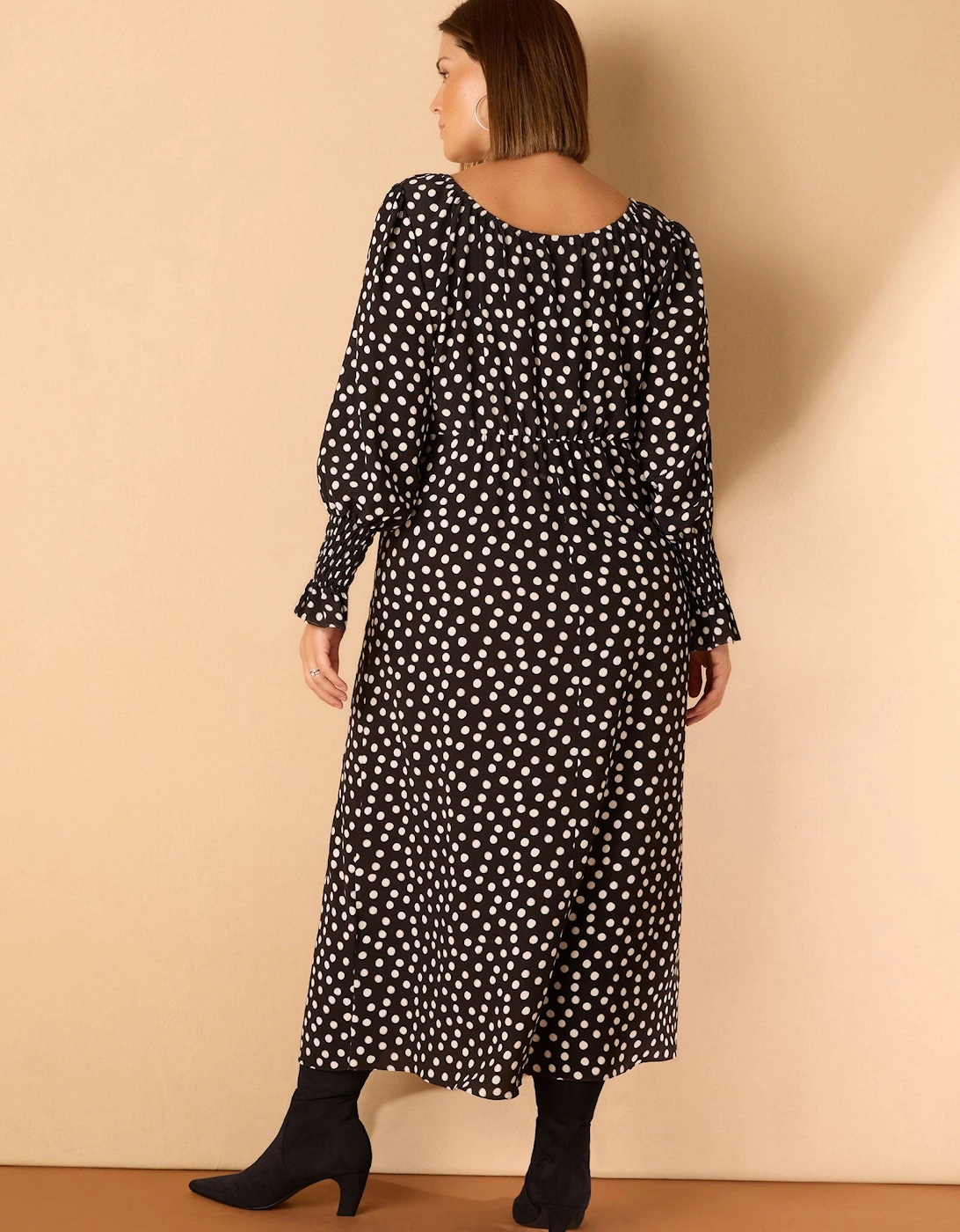 Black Spot Scoop Neck Shirred Sleeve Dress