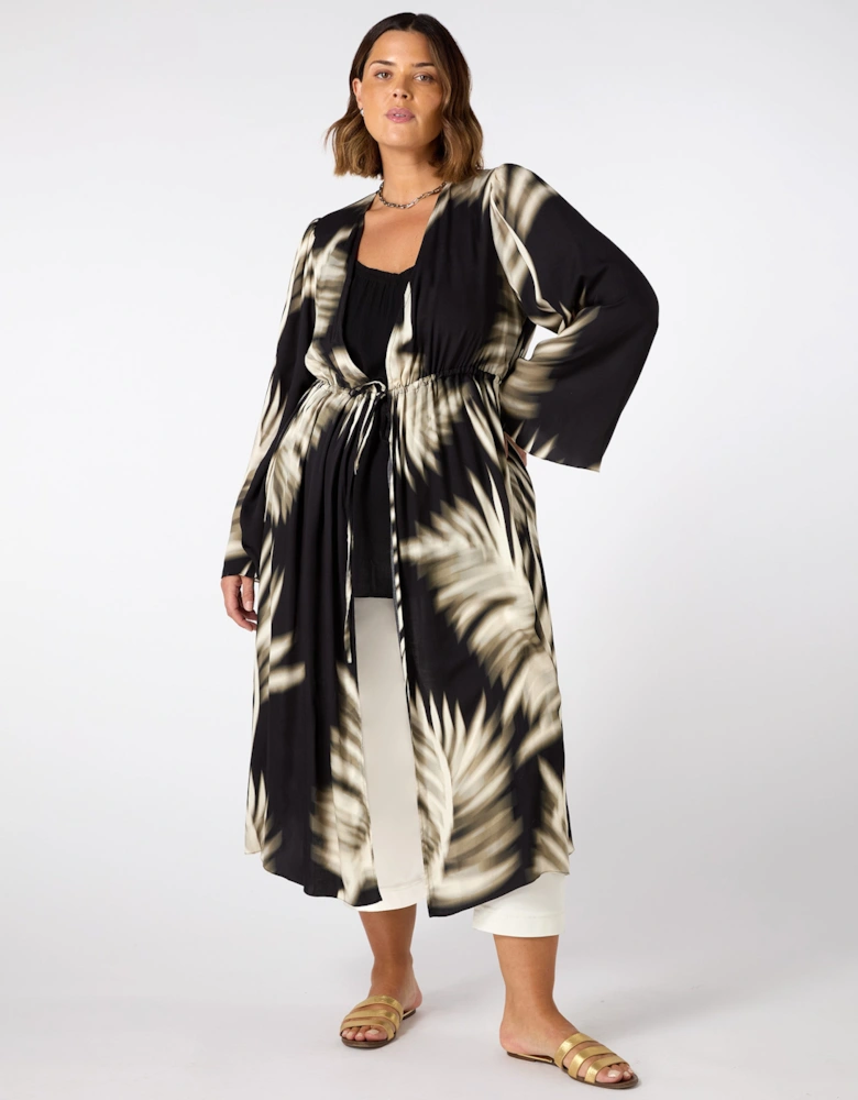 Leaf Print Longline Drawstring Kimono