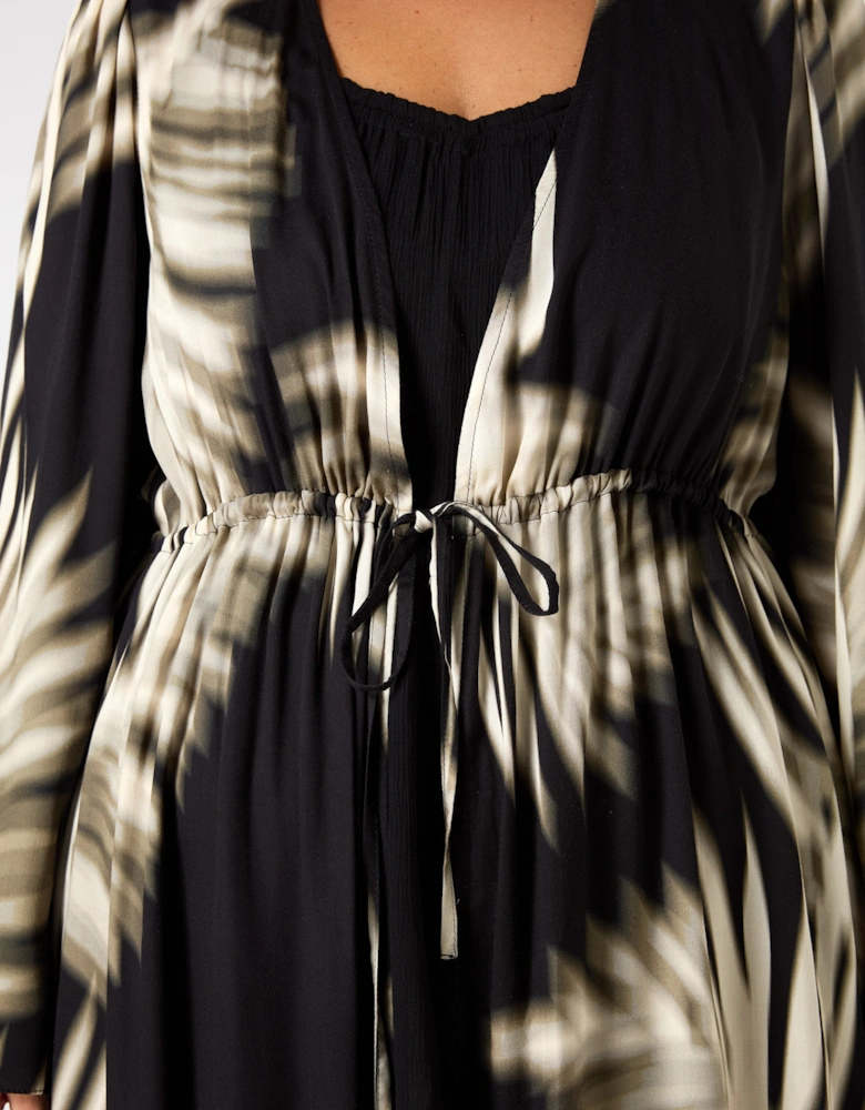Leaf Print Longline Drawstring Kimono
