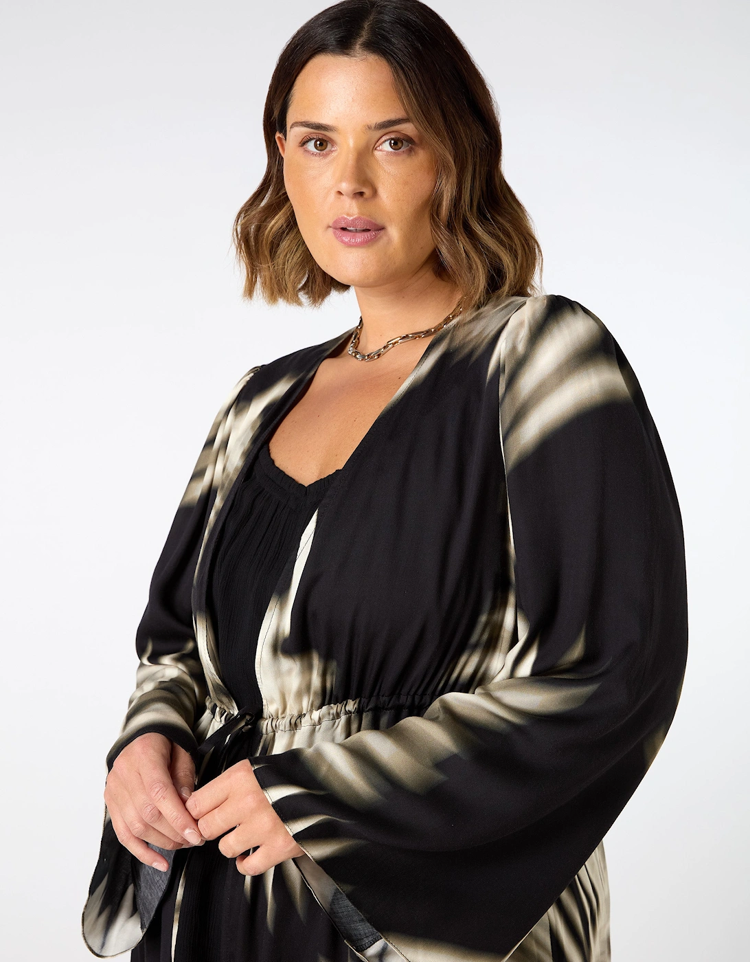Leaf Print Longline Drawstring Kimono