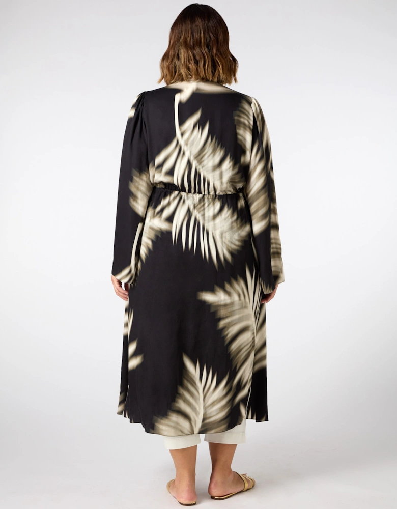 Leaf Print Longline Drawstring Kimono