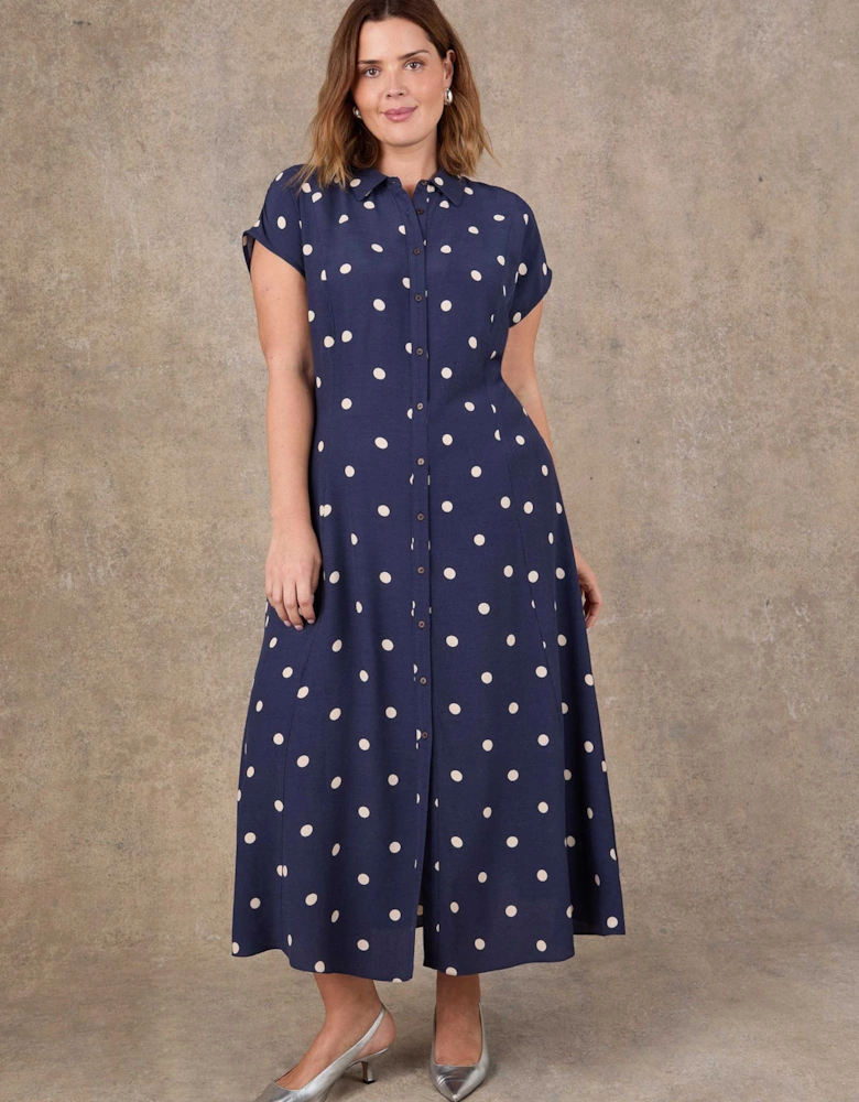 Petite Navy Polka Dot Print Midaxi Shirt Dress