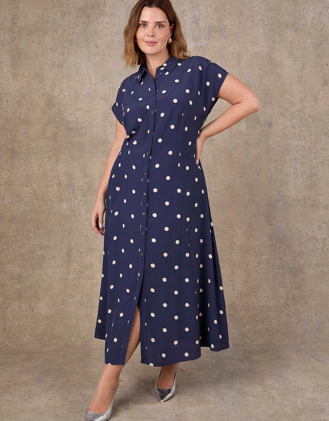 Petite Navy Polka Dot Print Midaxi Shirt Dress