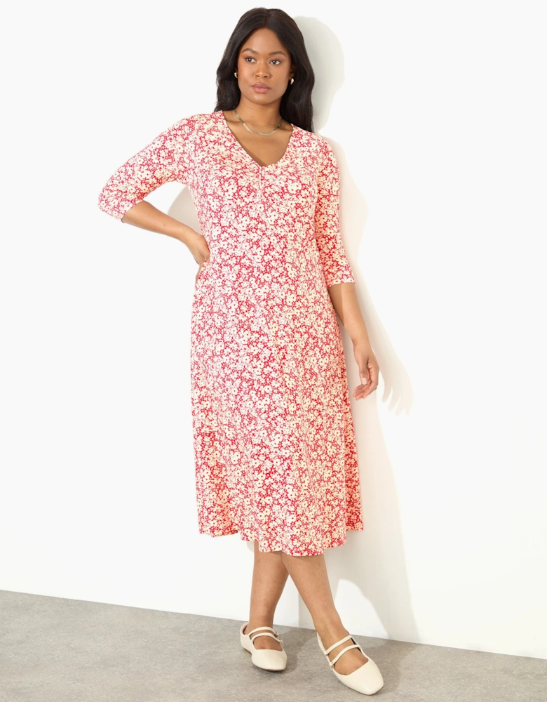 Red Ditsy Print Jersey Ruched Front Dress