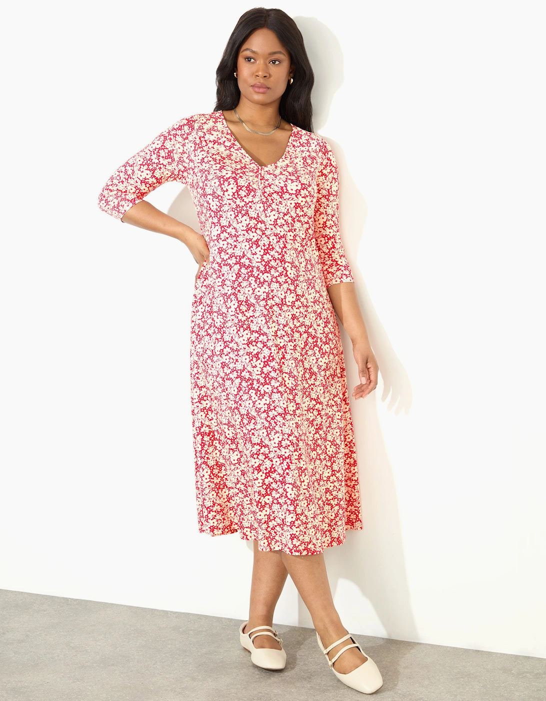 Red Ditsy Print Jersey Ruched Front Dress, 6 of 5