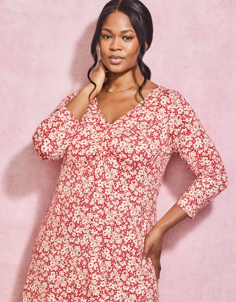 Red Ditsy Print Jersey Ruched Front Dress