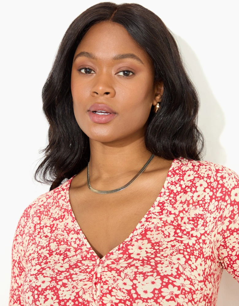 Red Ditsy Print Jersey Ruched Front Dress