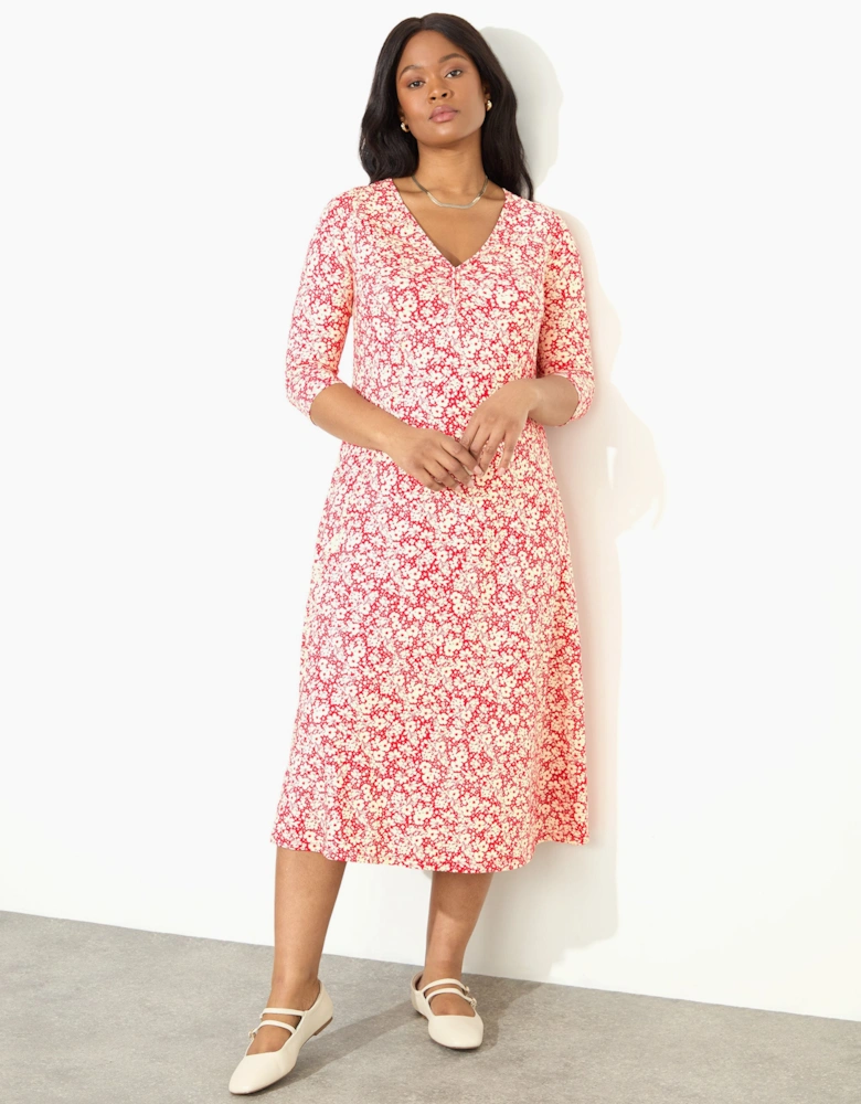 Red Ditsy Print Jersey Ruched Front Dress