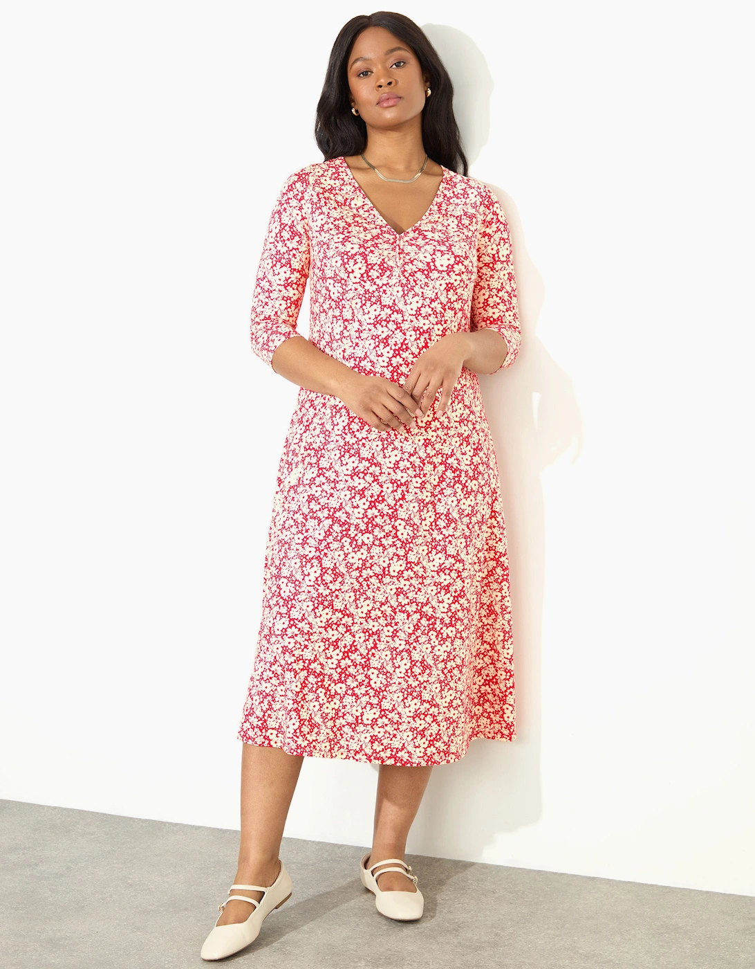 Red Ditsy Print Jersey Ruched Front Dress