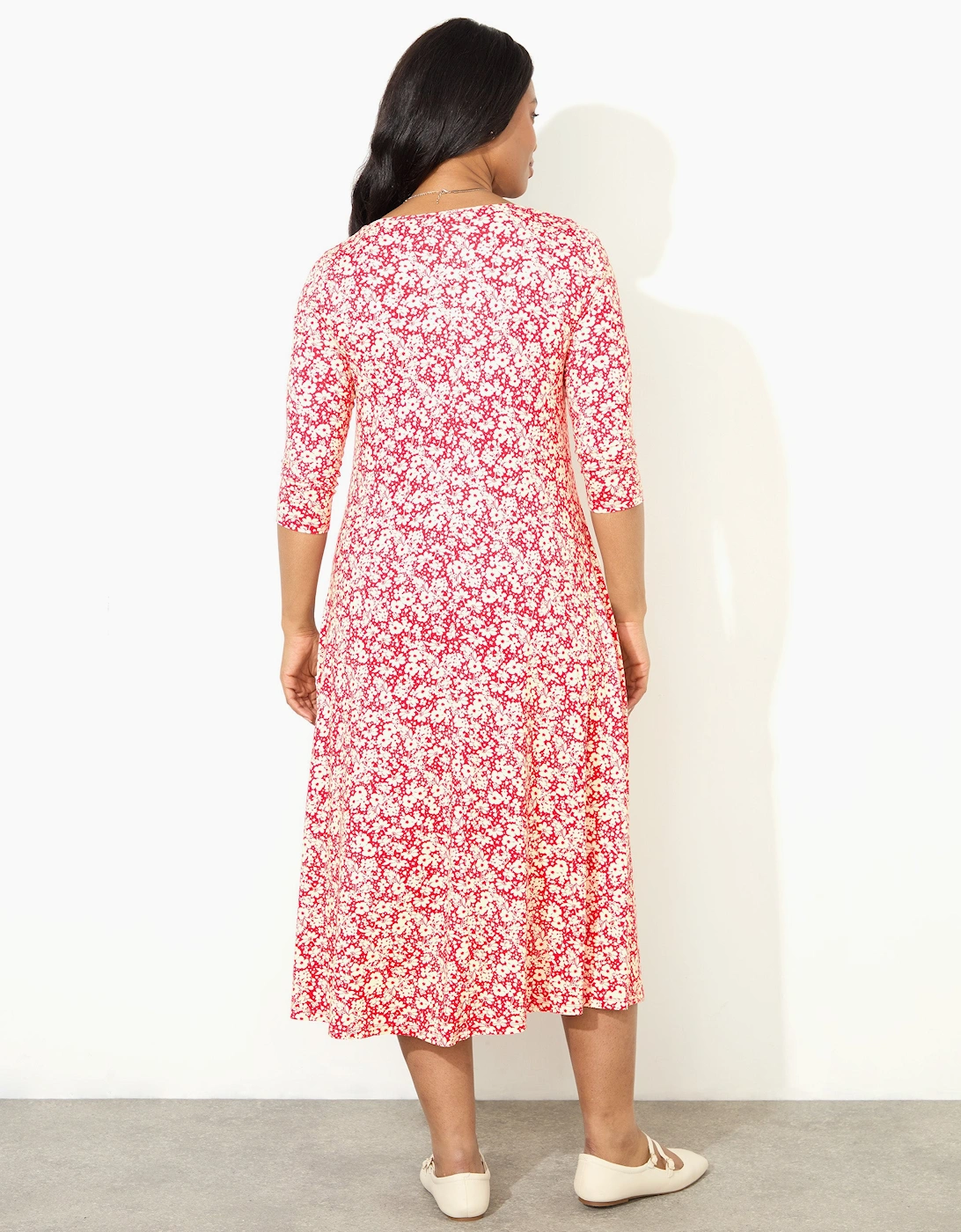 Red Ditsy Print Jersey Ruched Front Dress