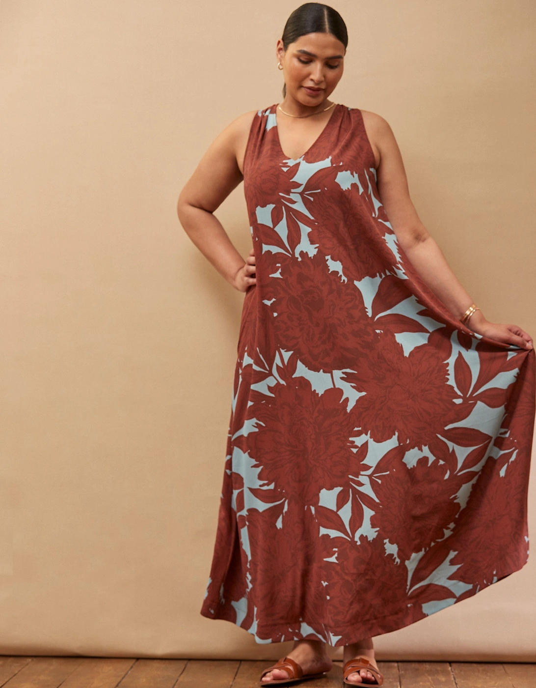 Brown Floral Print Maxi Sun Dress