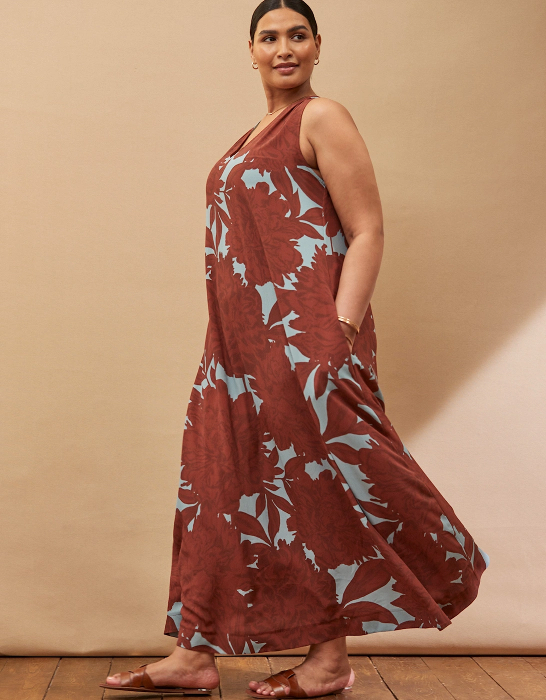 Brown Floral Print Maxi Sun Dress
