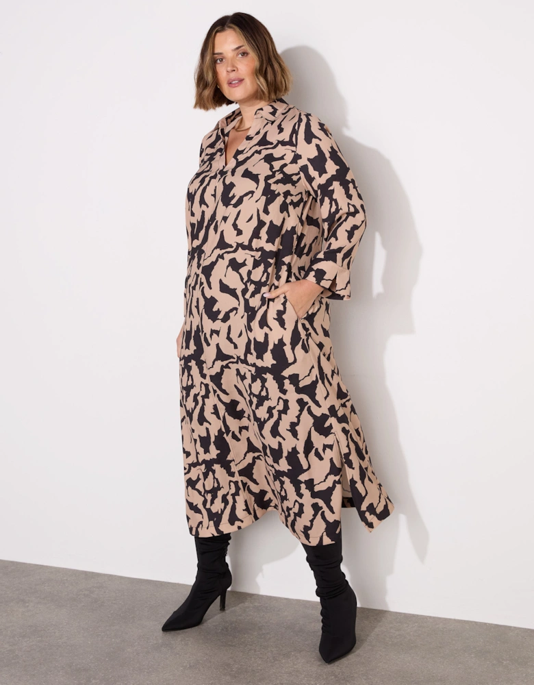 Petite Mono Print Collared Midaxi Dress With Notch Sleeves
