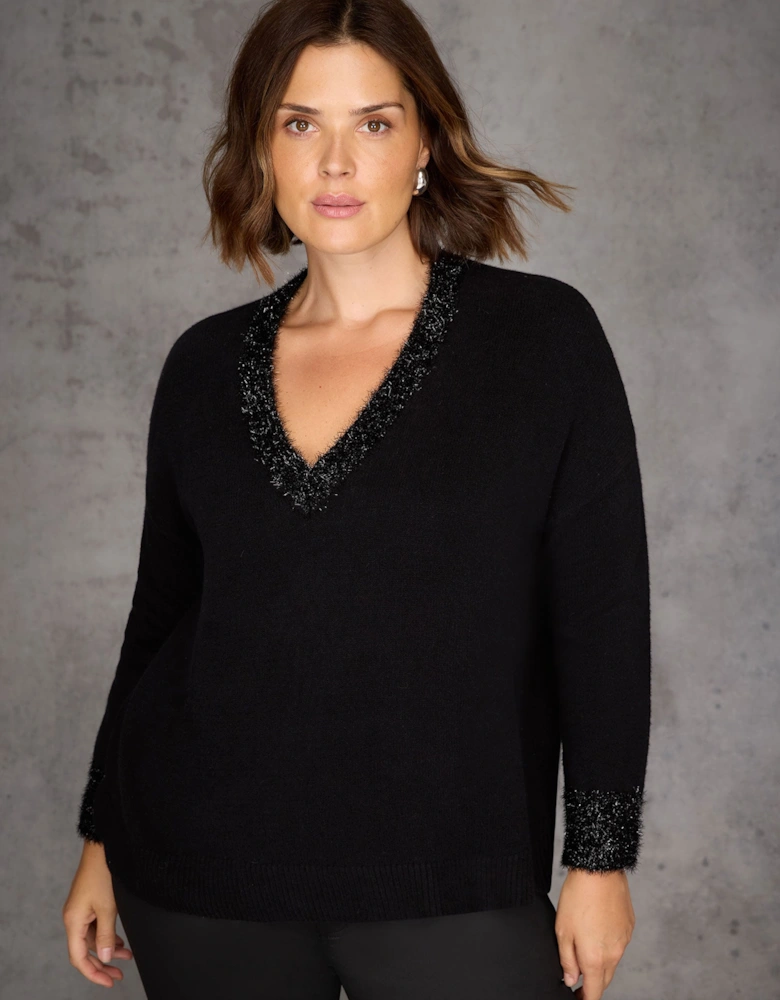 Black Sparkle Knit V Neck Jumper