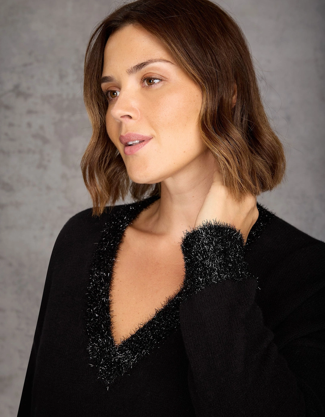 Black Sparkle Knit V Neck Jumper