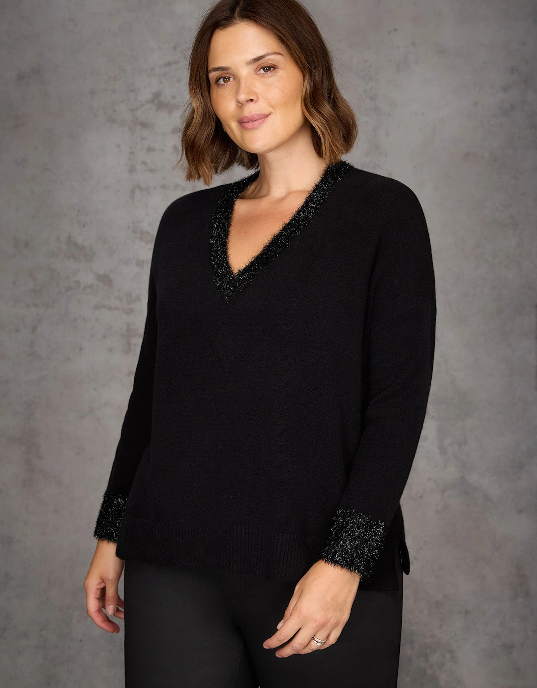 Black Sparkle Knit V Neck Jumper