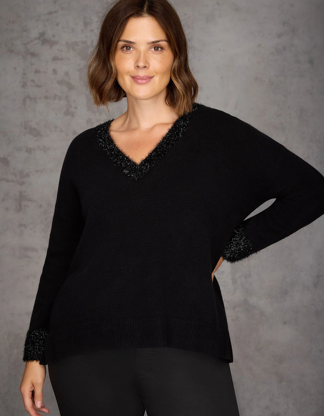 Black Sparkle Knit V Neck Jumper