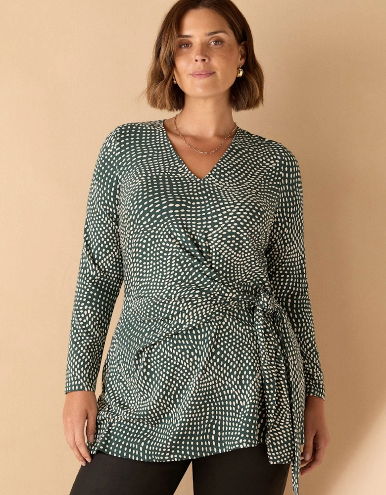 Green Spot Print V Neck Side Tie Tunic