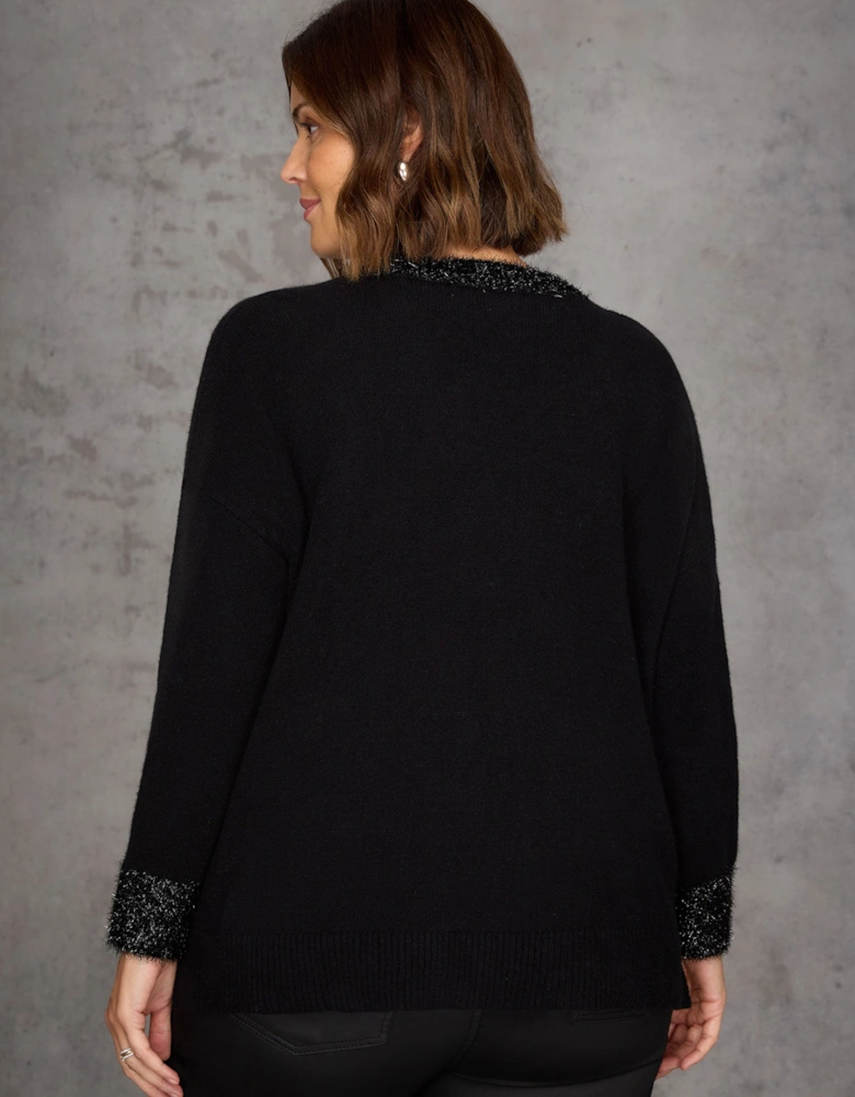 Black Sparkle Knit V Neck Jumper