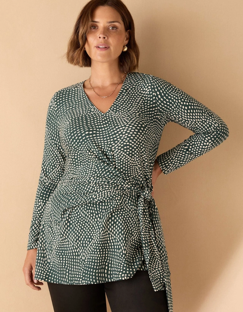 Green Spot Print V Neck Side Tie Tunic