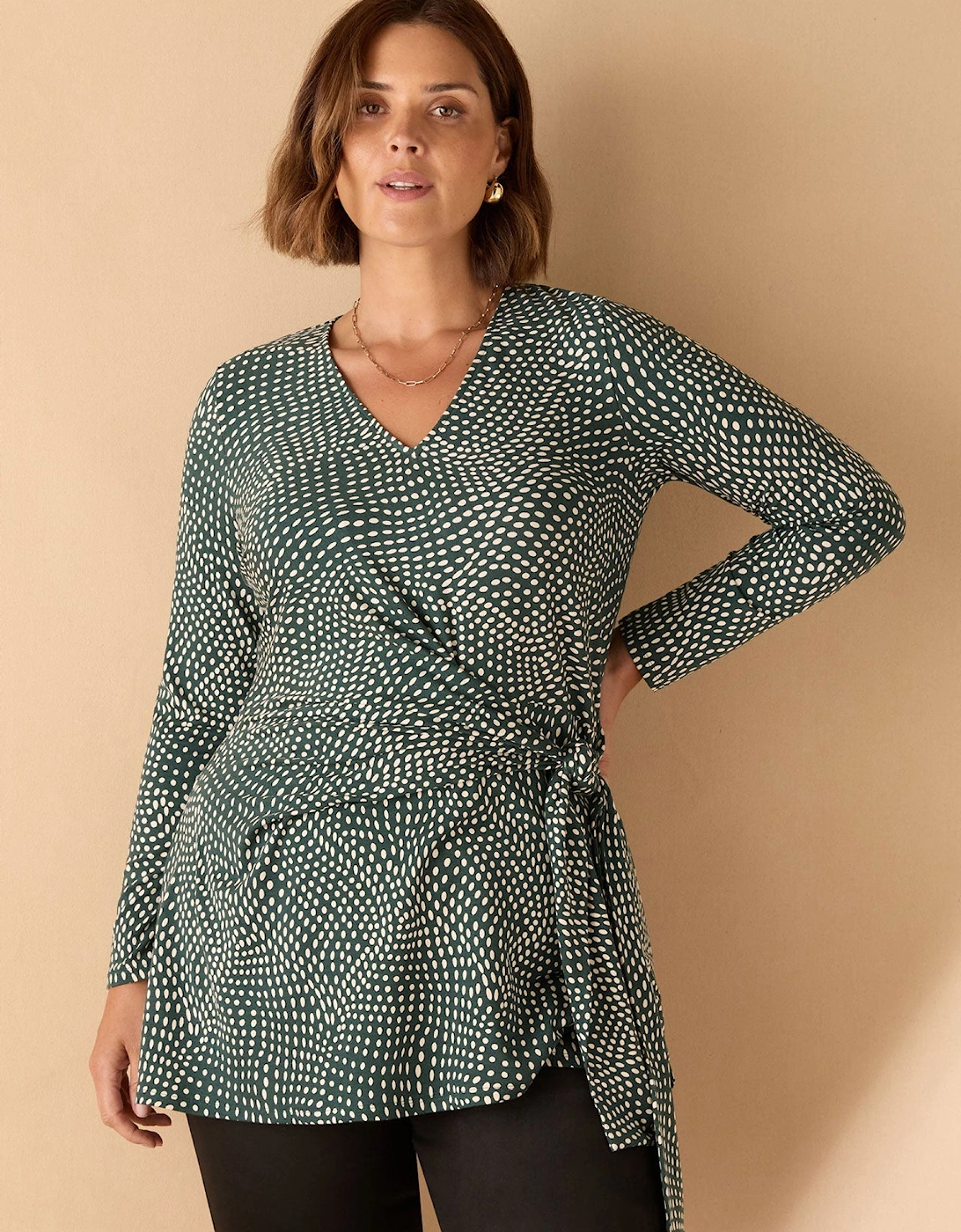 Green Spot Print V Neck Side Tie Tunic