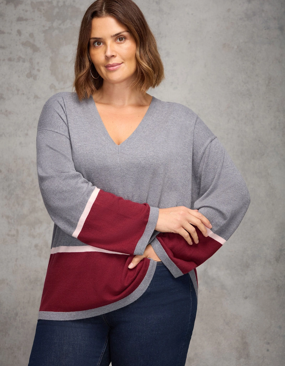Grey Contrast Stripe V Neck Jumper, 3 of 2