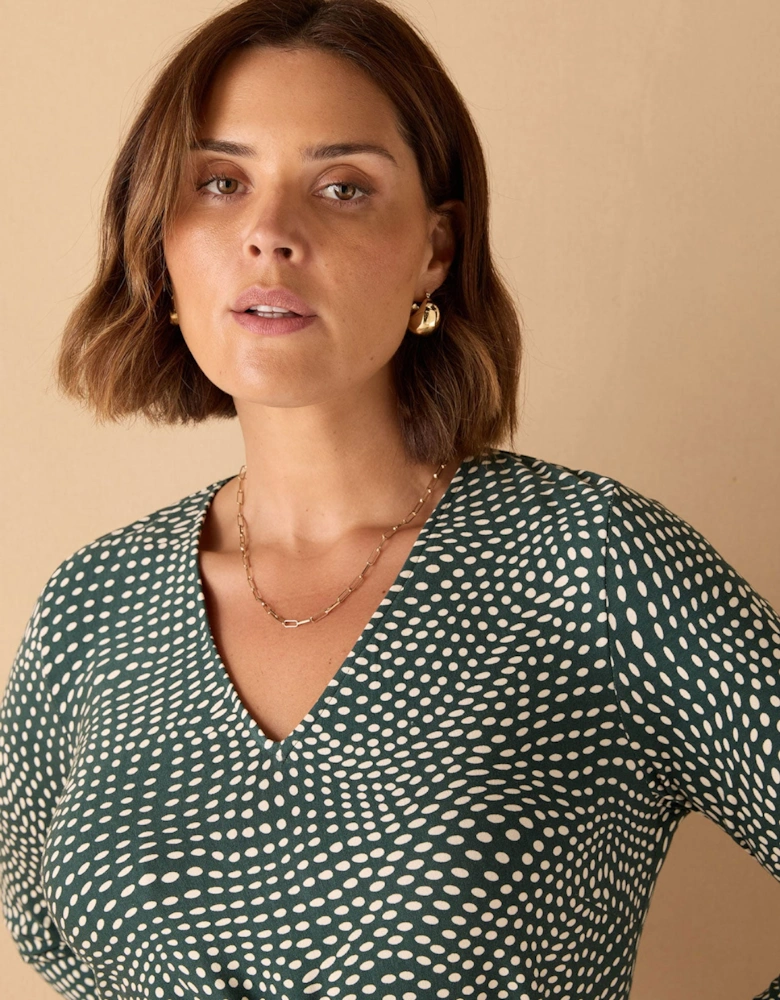Green Spot Print V Neck Side Tie Tunic